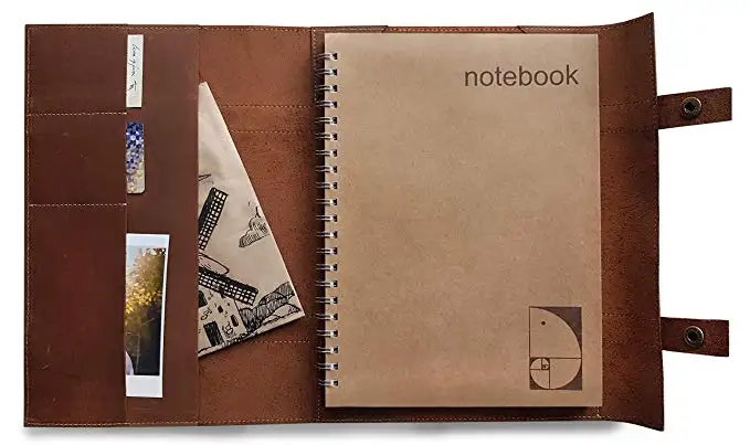 

Genuine leather travel notebook sketchbook 8x11 large refillable journal lay flat A4 dot grid spiral notebook 200 pages