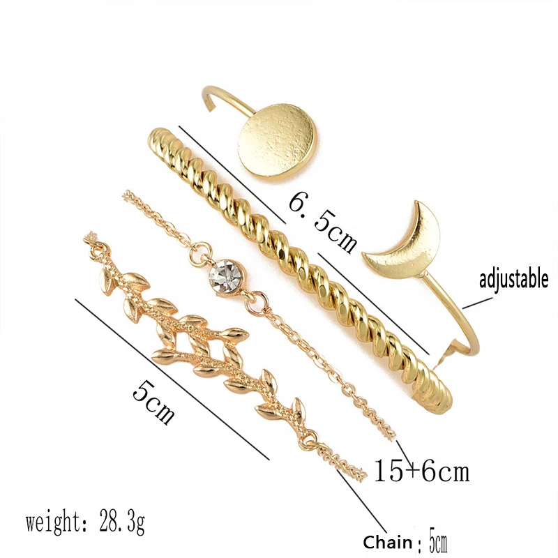 4 шт./компл. изысканный листья Луна круглый кристалл драгоценный камень цепь регулируемое отверстие браслет женский модный золотой браслет набор комбинация