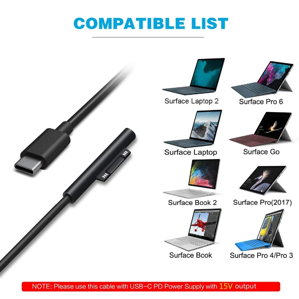 Ceny Powierzchni połączyć się z rodzaj usb C kabel do ładowania dla Surface pro 3 4 5 6 iść 15V ładowania PD