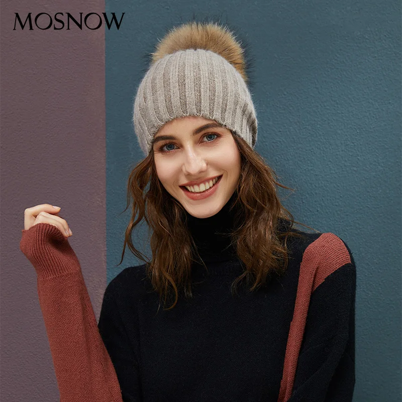 

2019 Women's Winter Beanies For Ladies Classic Pom Pom Straight Hat Female Warm Rabbit Knitted Hats Solid Color Outdoor Headwear