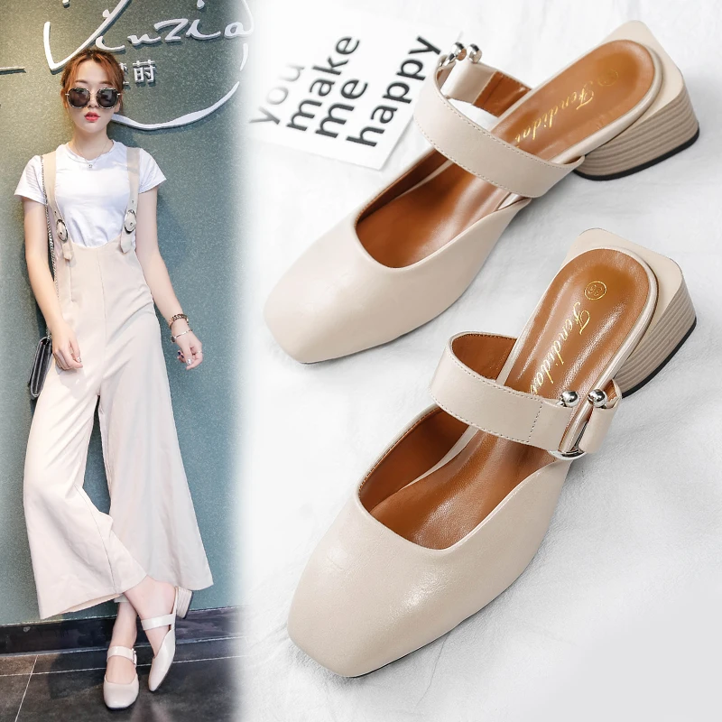 

Retro Genuine Leather Slides Summer Shoes Women Korean Mary Janes Sandals zapatos mujer Slippers Outside Classic Babouche 2018