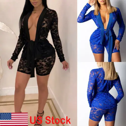 

New Sexy Womens Ladies Deep V neck Lace Up Playsuit Long Sleeve Lace Flora Bodycon Jumpsuit USA Clubwear Party Wear