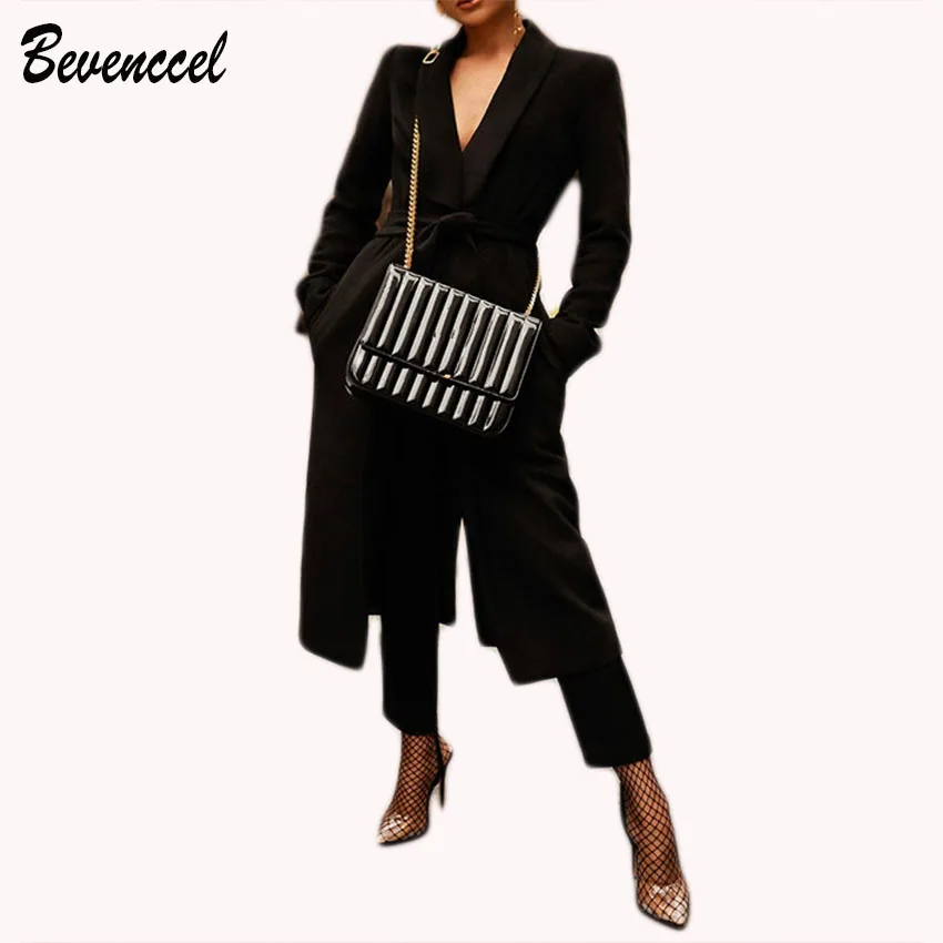 2019 Nieuwe Vrouwen Chic Winter Slanke Trenchcoats Lange Mouwen Diepe V Cocktail Maxi Fashion Club Party Jas Met Riem