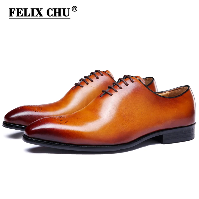 melhor FELIX CHU Marca Clássico Dos Homens de Couro Genuíno Todo Corte Liso Brogue Sapatos Oxford Rendas Até Vestido de Festa de Casamento Homem Marrom esculpida