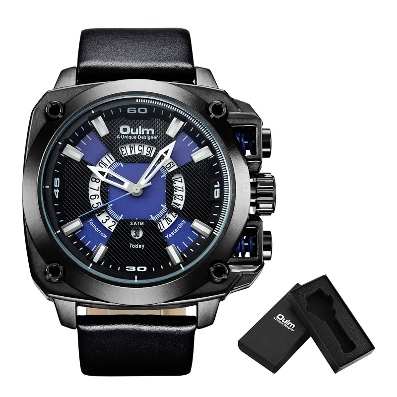 Oulm часы мужские большие размеры военные кварцевые часы креативные Авто Дата кожаные Наручные часы мужские спортивные часы Relogio Masculino - Цвет: Blue(with box)