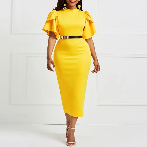 Новинка года; платье для девочек летнее желтое приталенное платье средней длины с рюшами на рукавах и воротником-стойкой для деловой женщины - Цвет: Yellow