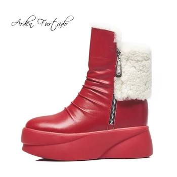 

Arden Furtado 2018 autumn winter zipper platform round toe wedges high heels 7cm white red pleated ankle boots female snow boots