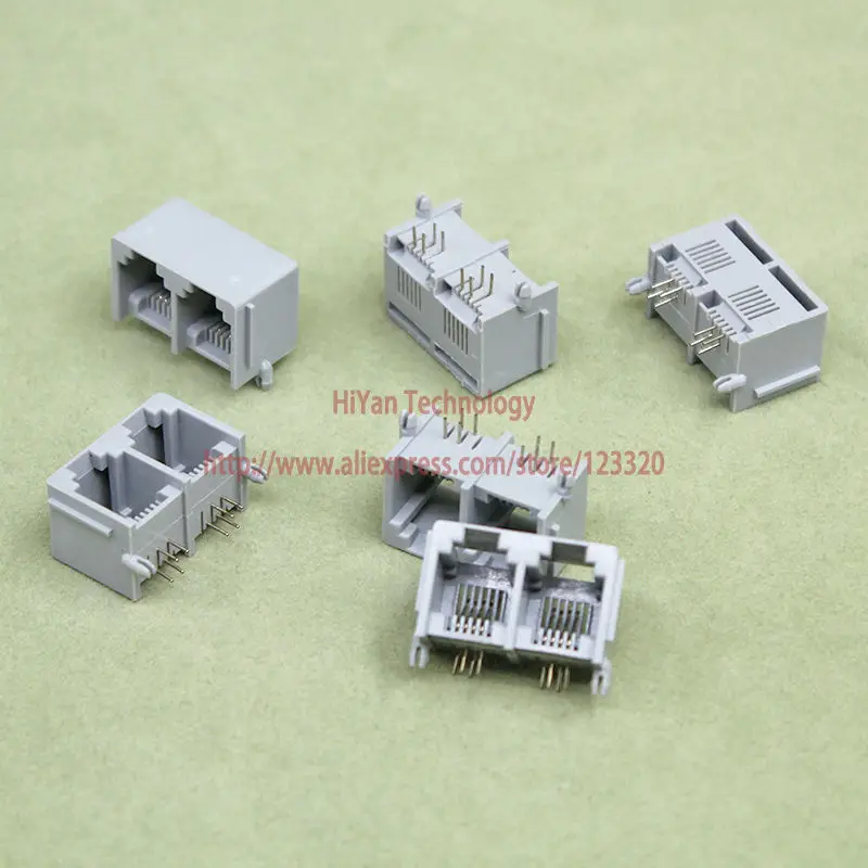 

(100pcs/lot) RJ11 6P4C 2 in 1 Grey Modular Jack Network Telephone Socket 4 Pin 90 Degree Needle Welded Type with side