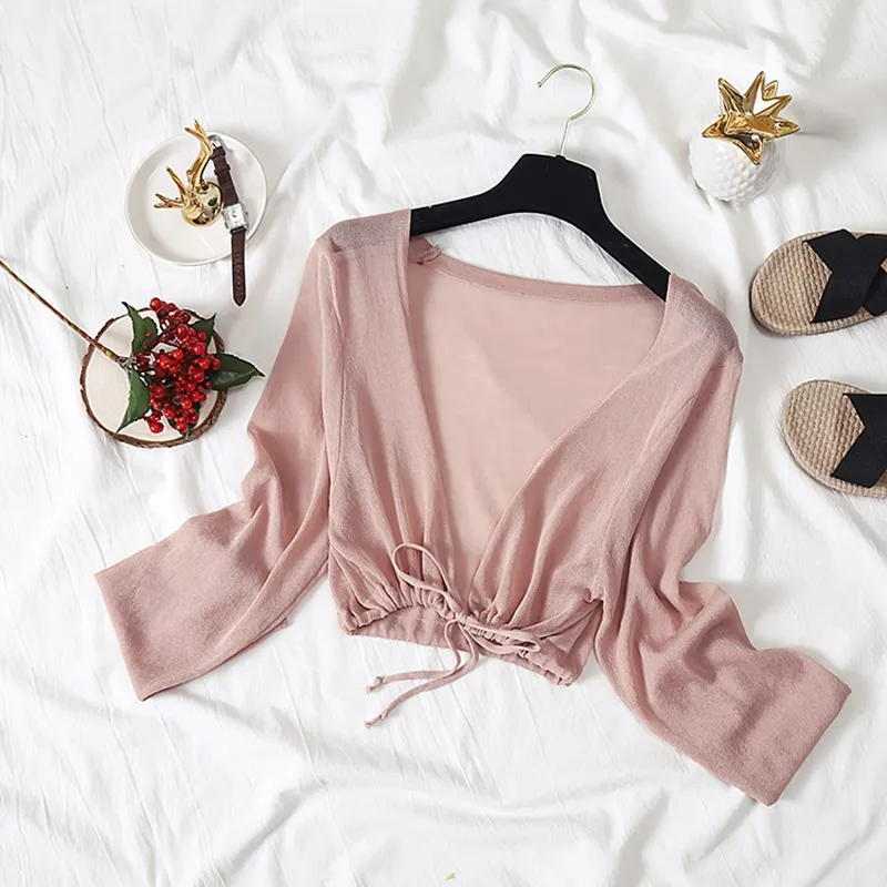 

New Summer Fashion Solid Blouse Thin Kimono Cardigan Women Casual Long Sleeve Drawstring Blusas Women Sun Protection Tops