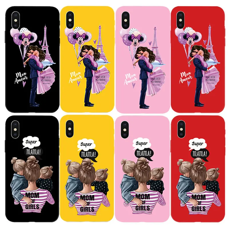 

Fashion Girl Queen Color TPU Phone Case for iPhone X XS Max XR 7 8 6 S 6S Plus 5 5S SE Cute Baby Child Mother Silicone Case