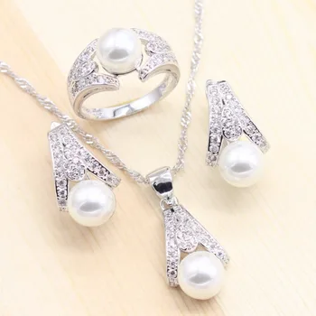 

Sliver Women wedding&Bridal Jewelry Sets Pearl Necklace Pendant Stud Earrings Vintage Rings Free Gift Box