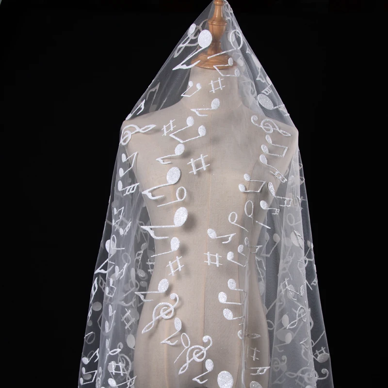 

White Music Pattern Sequins Gilding Flash Wedding Dress Designer DIY Sexy Transparent Lace Cloth Skirt Sewing Accessories Fabric