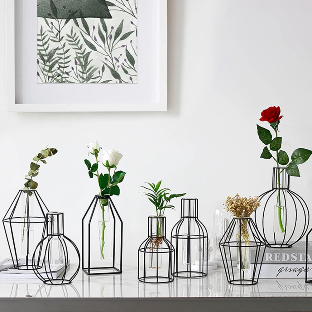 

Nordic Geometric Simple Wrought Iron Transparent Glass Hydroponic Vase Room Dried Flower Flower Arrangement Home Decor