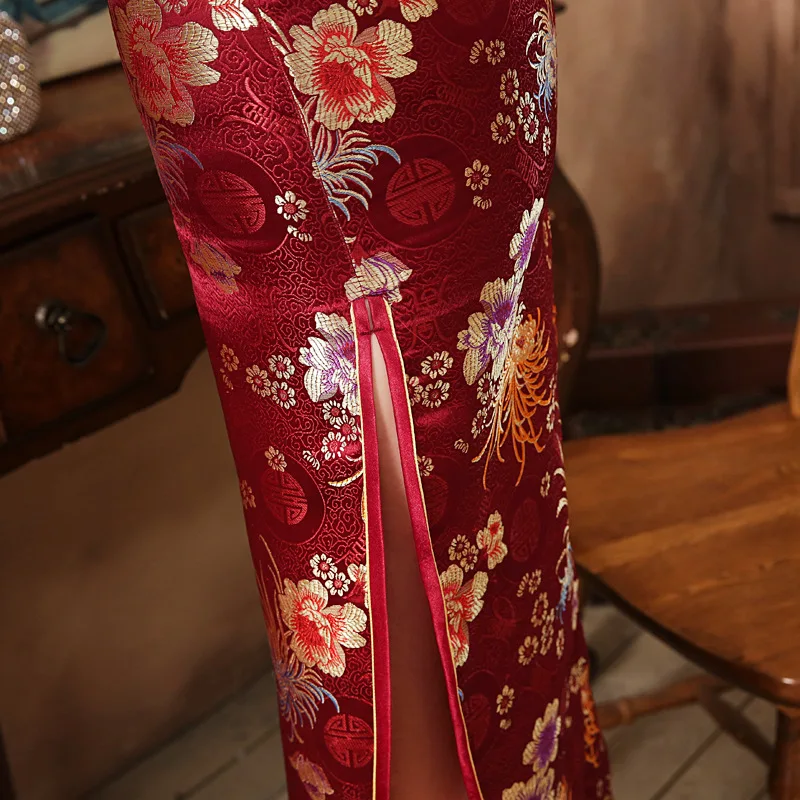 Высококачественное сексуальное бордовое атласное с новогодней елкой, бумажный плотный женский Qipao короткий рукав новинка длинное платье C0136-E