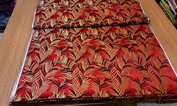 

chinese silk brocade woven damask fabric cheongsam cushion red back with gold golden and black long leaf Leaves pattern new