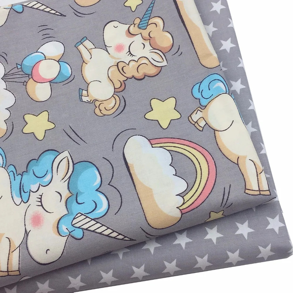 

2018New 100% Cotton Fabric Grey Cartoon Unicorn Stars Meters for Patchwork Quilting Baby Cribs Cushions Blanket Sewing Material