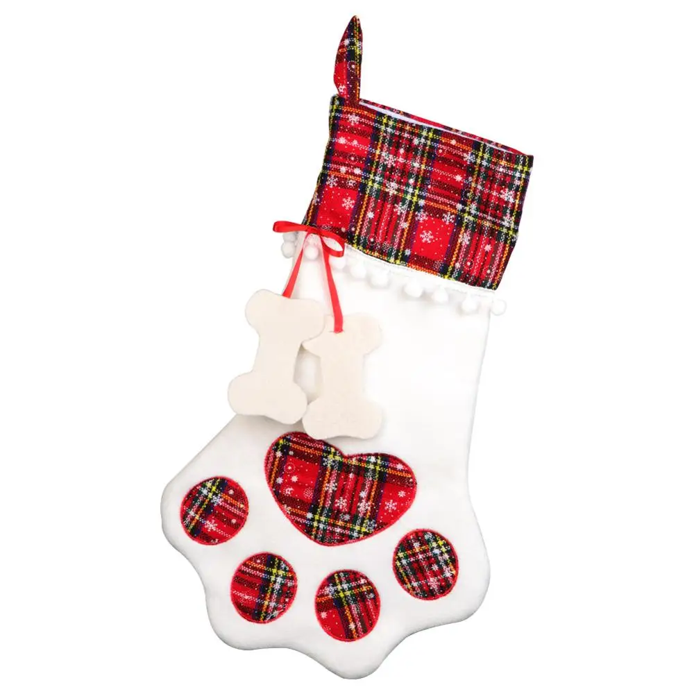 Теплые рождественские носки красные, синие гольфы в клетку с собачьими лапами мешочки, подвесной год, детские подарки, украшение для рождественской вечеринки, 46x28 см - Цвет: Красный