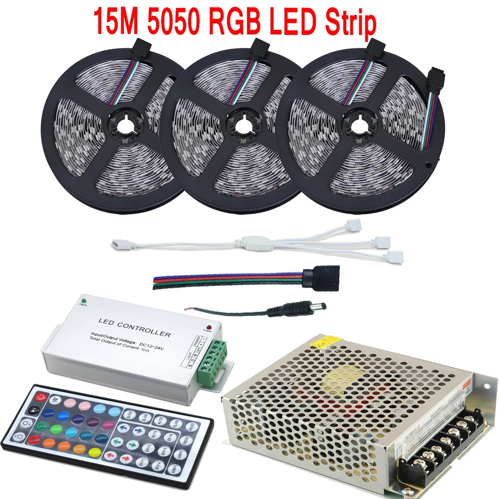 15 м 10 м 20 м 5050 RGB IP65 IP20 Водонепроницаемый Светодиодные ленты лента DC12V 12A IR 44-клавишный пульт дистанционного управления преобразователь переменного тока в постоянный, Мощность адаптер в комплекте