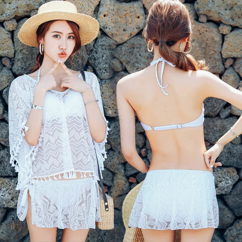 

Sexy White lace cover-ups 2018 new women Push Up swimwear low waist three piece swimsuit holiday women bathing suits