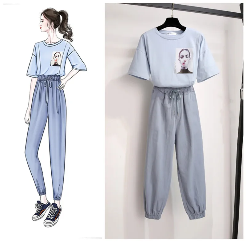 

Women 2 Piece Sets 2019 Autumn Cotton Short Sleeve Pattern O-neck T-shirt and Ankle-Length Pencil Pants Office Lady Women Set