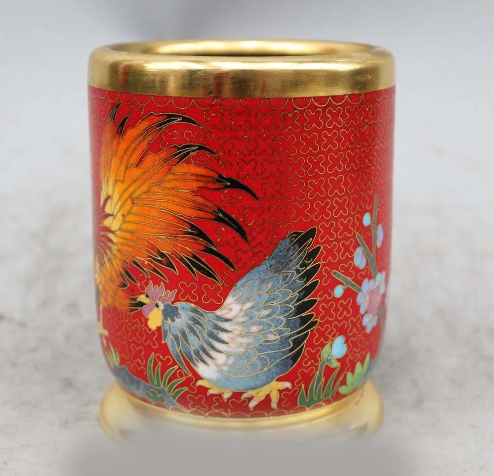 

5"Marked Chinese Dynasty Cloisonne Bronze Two rooster pencil vase Pot Statue