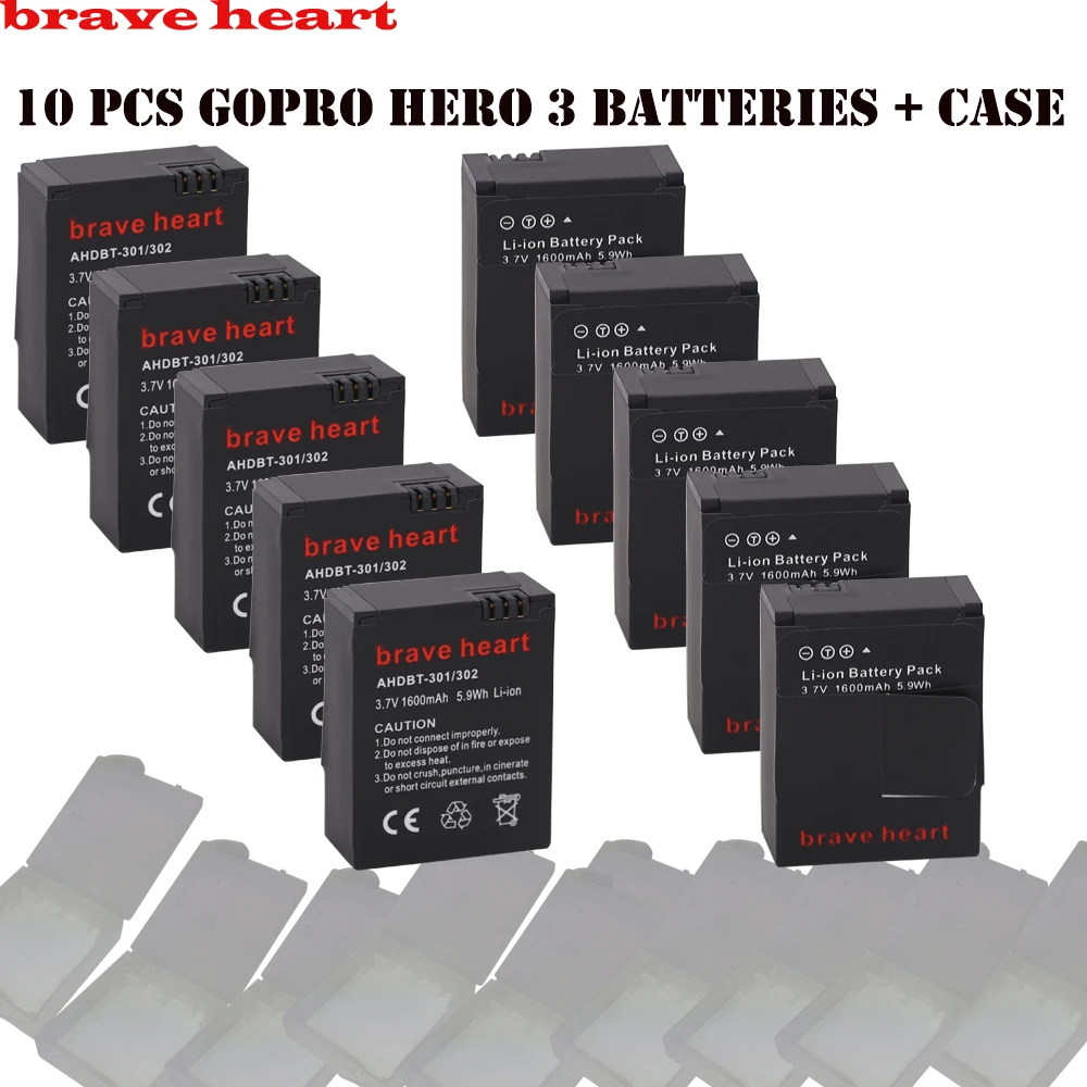 10 pcs Rechargeable gopro hero 3 Battery bateria AHDBT 301 batteries
