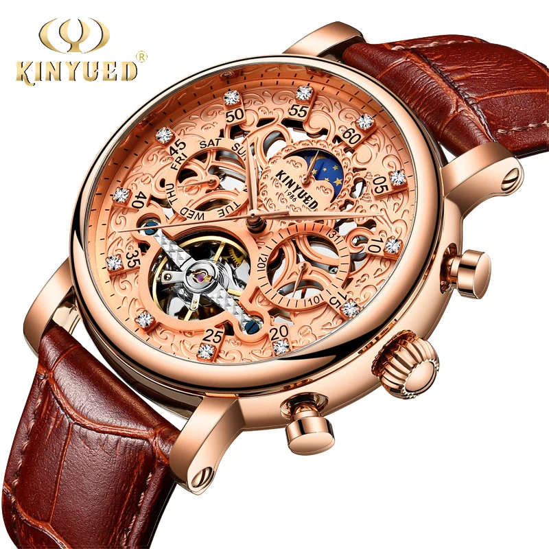 

KINYUED Mens Watches Top Brand Luxury Automatic Self-wind Mechanical Watch Rose Gold Leather Tourbillon Skeleton Male Wristwatch