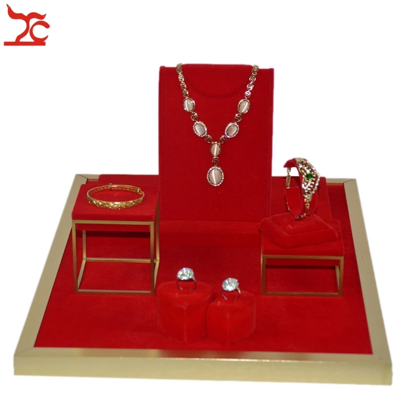 Stainless Steel Jewelry Display Counter Showcase Red Velvet Double Ring