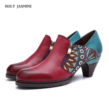 

Genuine Leather Shoes Women Round Head Pumps Sapato Feminino Med Heels Comfortable Slip On Female Pumps Fashion Lady Party Shoes