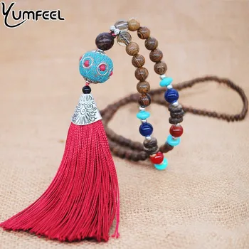

Yumfeel Brand Original Design New Vintage Necklace Handmade Wooden Nepal Beads Tibetan Red Tassel Pendant Necklace Jewelry Women