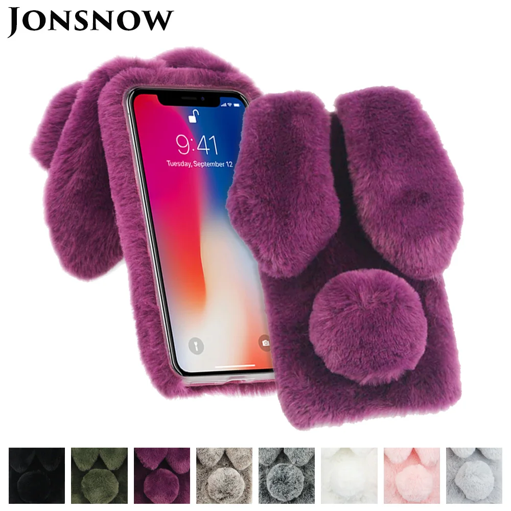 KIPX1033_1_For iPhone 7 8 Case 3D Rabbit Hairy Warm Winter Fur Bling Rhinestone Plush Bunny Cover Case for iPhone XS XR 5 5S SE 6S 7P 8 Plus-1