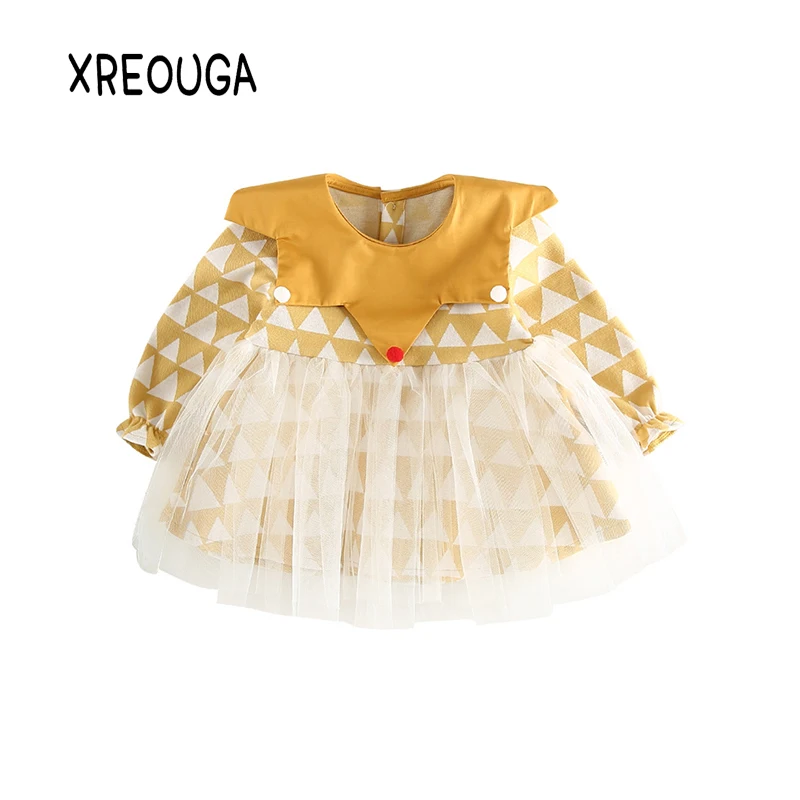 Newborn Baby Girls Lace Princess Dresses Geometric Patchwork Ruffles Bishop Sleeve Dress Infant Party EZ12 | Детская одежда и