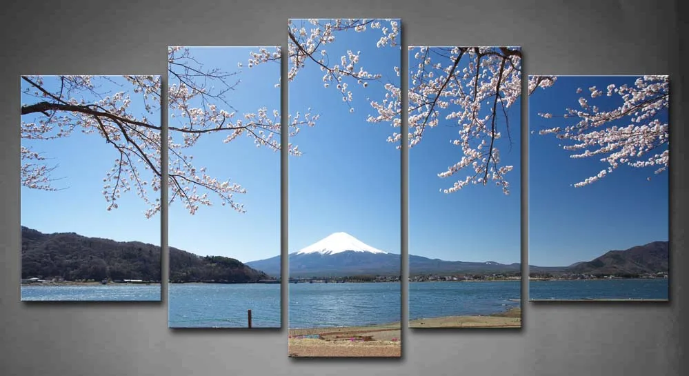 

Framed Wall Art Picture Mountain Fuji Sakura Lake Canvas Print Landscape Modern Poster With Wooden Frame For Living Room