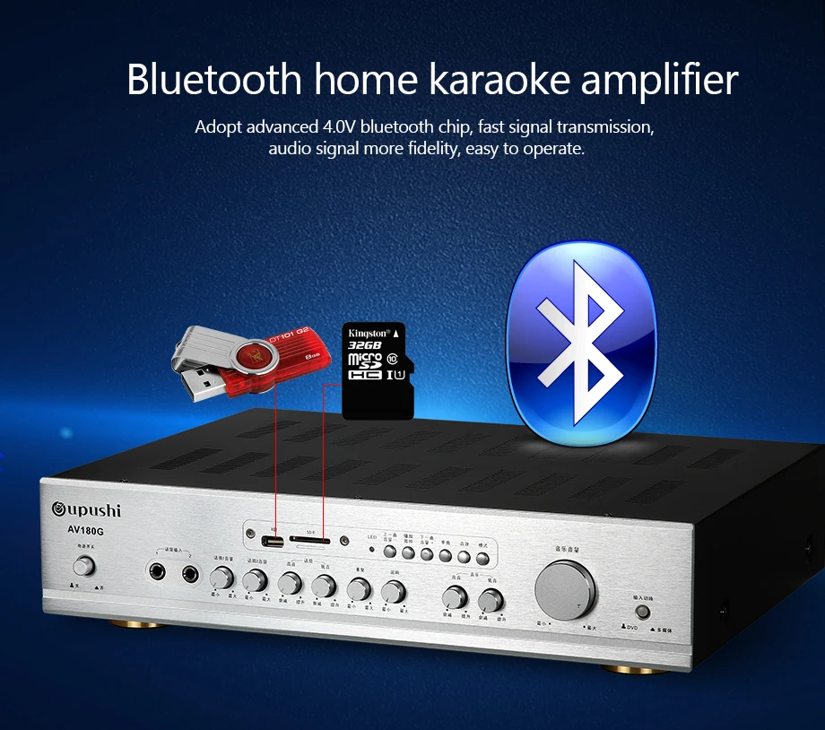 Oupushi домашний кинотеатр Bluetooth USB усилитель 2 канала 180 Вт+ 180 Вт домашний караоке KTV цифровой аудио стерео усилитель с USB, sd-картой