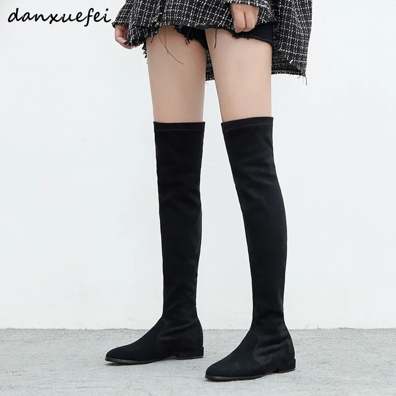 

Women's genuine suede leather over the knee boots black slim stretch slip-on long boots sexy new winter high boots shoes PLUS 43