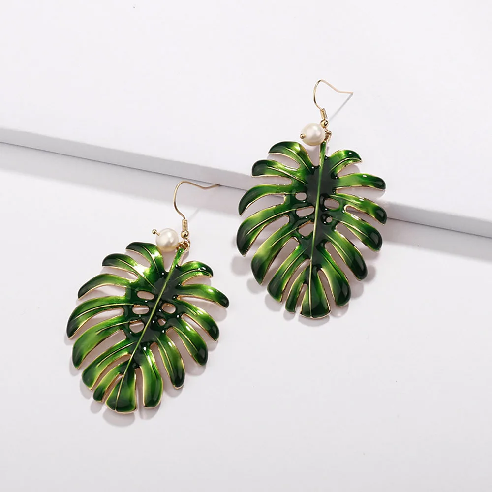 

Fashion INS Popular Green Enameled Metal Monstera Plant Tree Big Leaf Earrings Women Fashion Jewelry