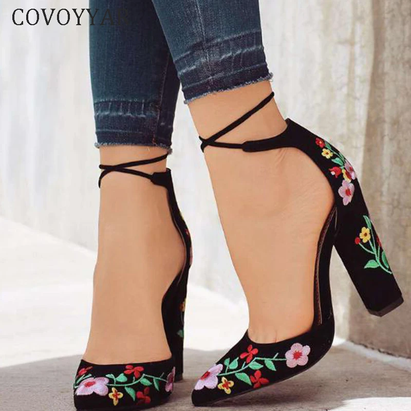 

COVOYYAR 2019 Bohemian Women High Heels Embroidered Chunky Heel Lady Pumps Boho Woman Shoes Summer Heeled Sandals 43 WHH116