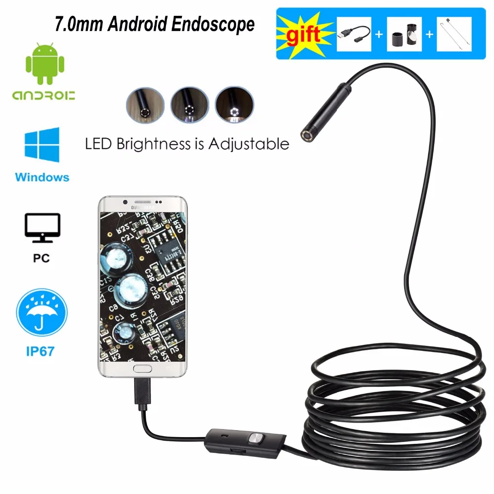 Kopen Android Endoscoop Camera 7mm 1 2 3 5 m Flexibele Snake Inspectie Camera Waterdicht Video Borescope voor Smartphone USB Windows PC