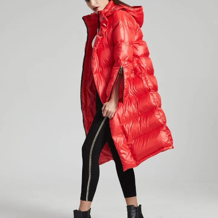 Зимний женский стильный однотонный пуховик с капюшоном и карманами, длинный рукав, Свободный теплый глянцевый пуховик - Цвет: Красный