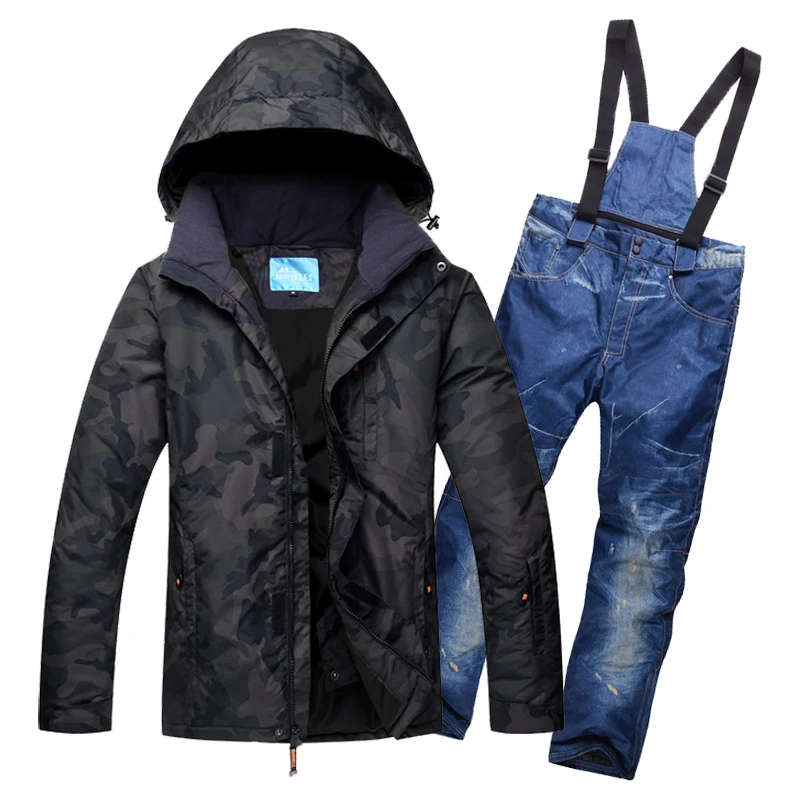Snow Outfit for Men Hooded Snowsuit Jackets and Bib Trousers Set