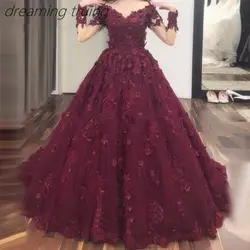 Блестящие вишневые Свадебные платья бальное платье v-образным вырезом Sheer с длинным рукавом 3D цветок кружева свадебные платья «Принцесса»