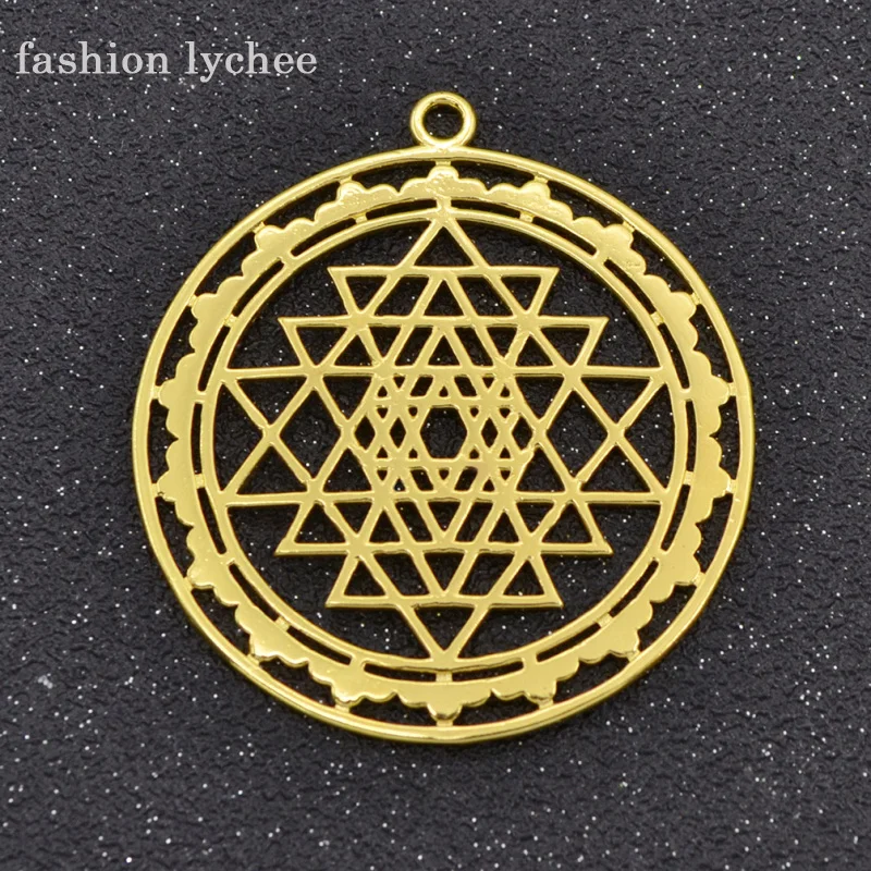 

fashion lychee Antique Gold Color Round Copper Hollow Sri Yantra Pendant Charm For Necklace Bracelet Jewelry For Women