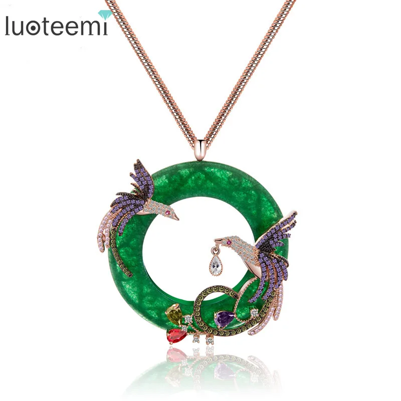 LUOTEEMI Fashion Exquisite Rose Gold Plated Colorful CZ Micro Paved Double Phoenix Birds Animal font b