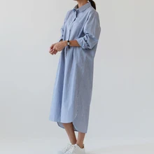 Women 2018 Female Loose Dress Turn Down Collar Button Shirt Dress Plus Size Long Sleeve Striped Dress plus size striped button up shirt