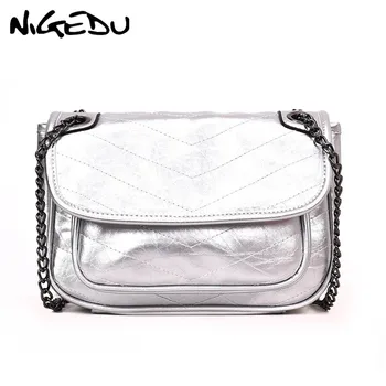 

NIGEDU Chain Flap Messenger Bags Soft PU Leather Women Crossbody Shoulder Bag brand design Thread Female Handbag silver bolsas