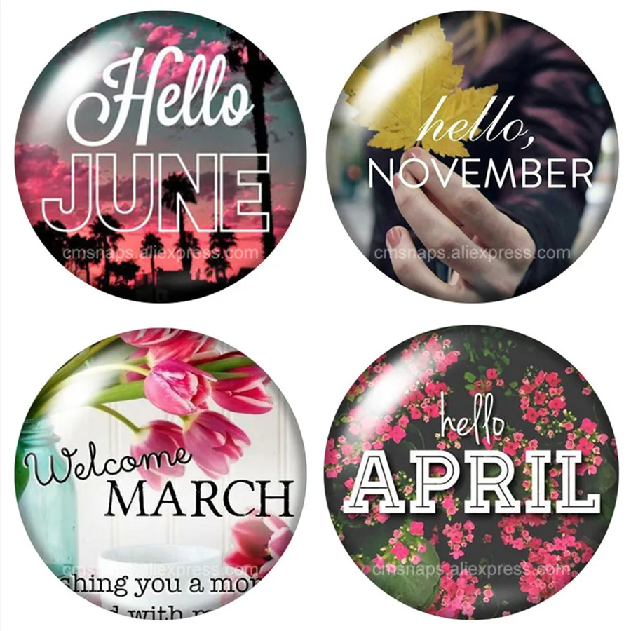 

Hello January Month March April 10pcs mixed 12mm/16mm/18mm/25mm Round photo glass cabochon demo flat back Making findings ZB0948