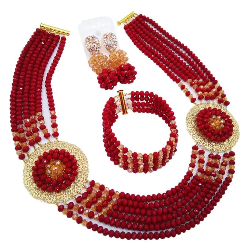 Дизайн непрозрачные темно-красные цвета шампанского золота AB обручальные или свадебные комплекты ювелирных изделий 6C-SPHJZ-13
