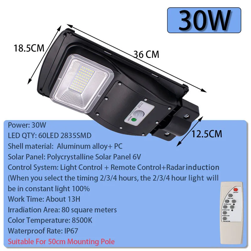 

Smuxi 30W LED Solar Lamp Wall Street Light Radar Induction Outdoor Timing Lamp+Remote Waterproof Security Lamp for Garden Yard
