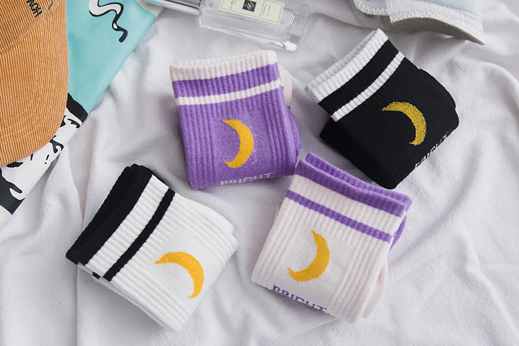 Men Women Harajuku Hip Hop Autumn Elastic Rib Trim Long Crew Socks New Moon Letters Stripes Printed Couples Cotton Tube Hosiery