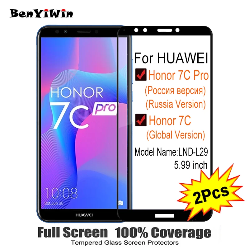 

2PCS Full Cover Screen Protector Tempered Glass For Huawei Honor 7C Pro LND L29 5.99" 9H Protective glass For 7c Pro Film Case